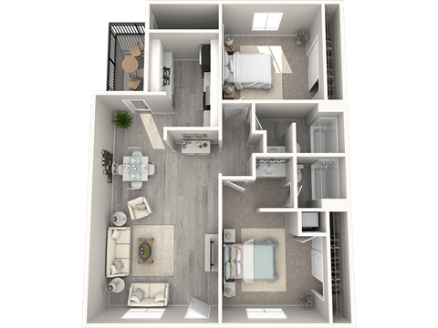 Floor plan for 2 beds, 2 baths, 977 sqft